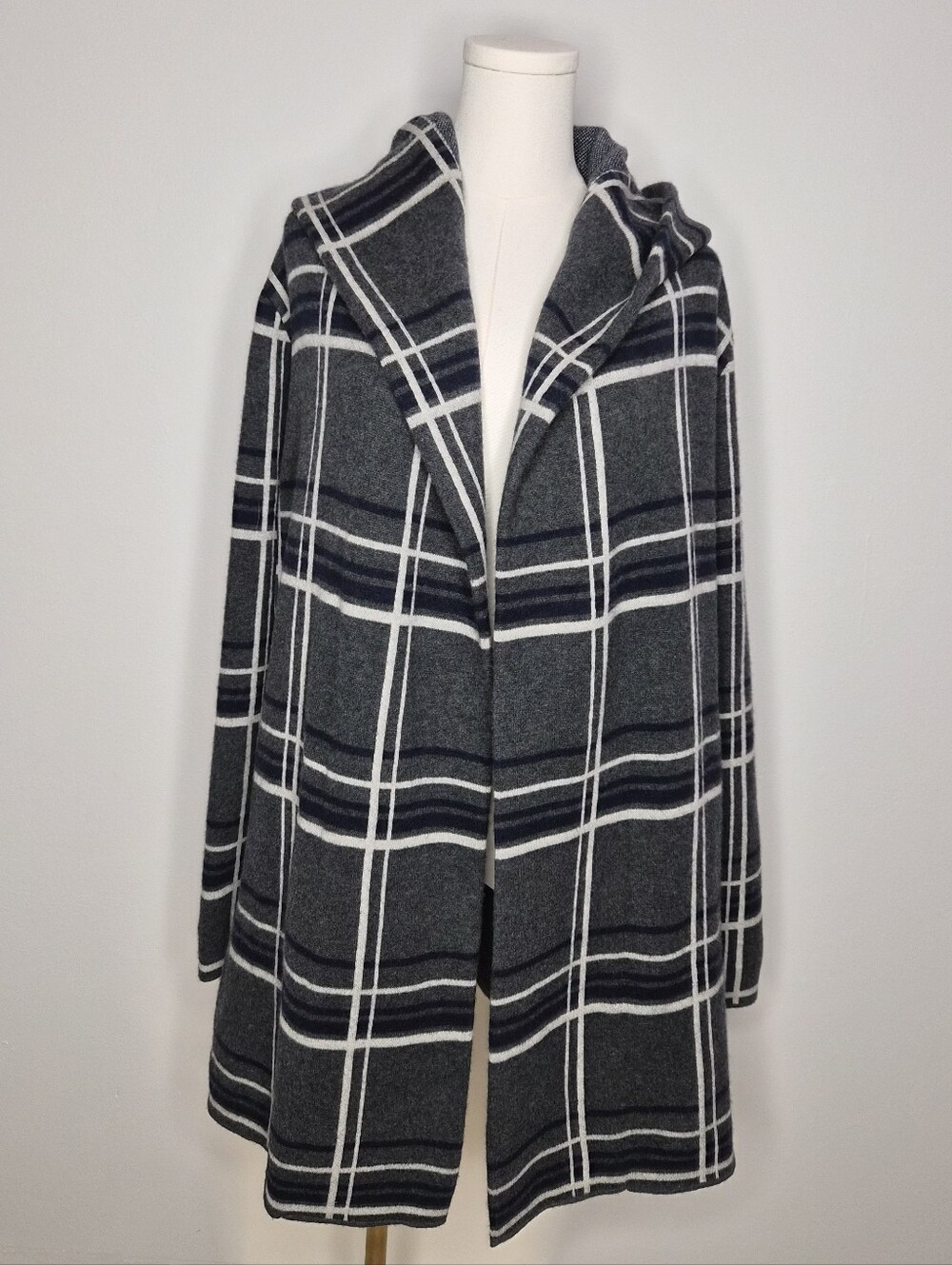 Anthropologie Field & Flower 100% Wool Plaid Hooded Open Front Sweater Coat Sz L